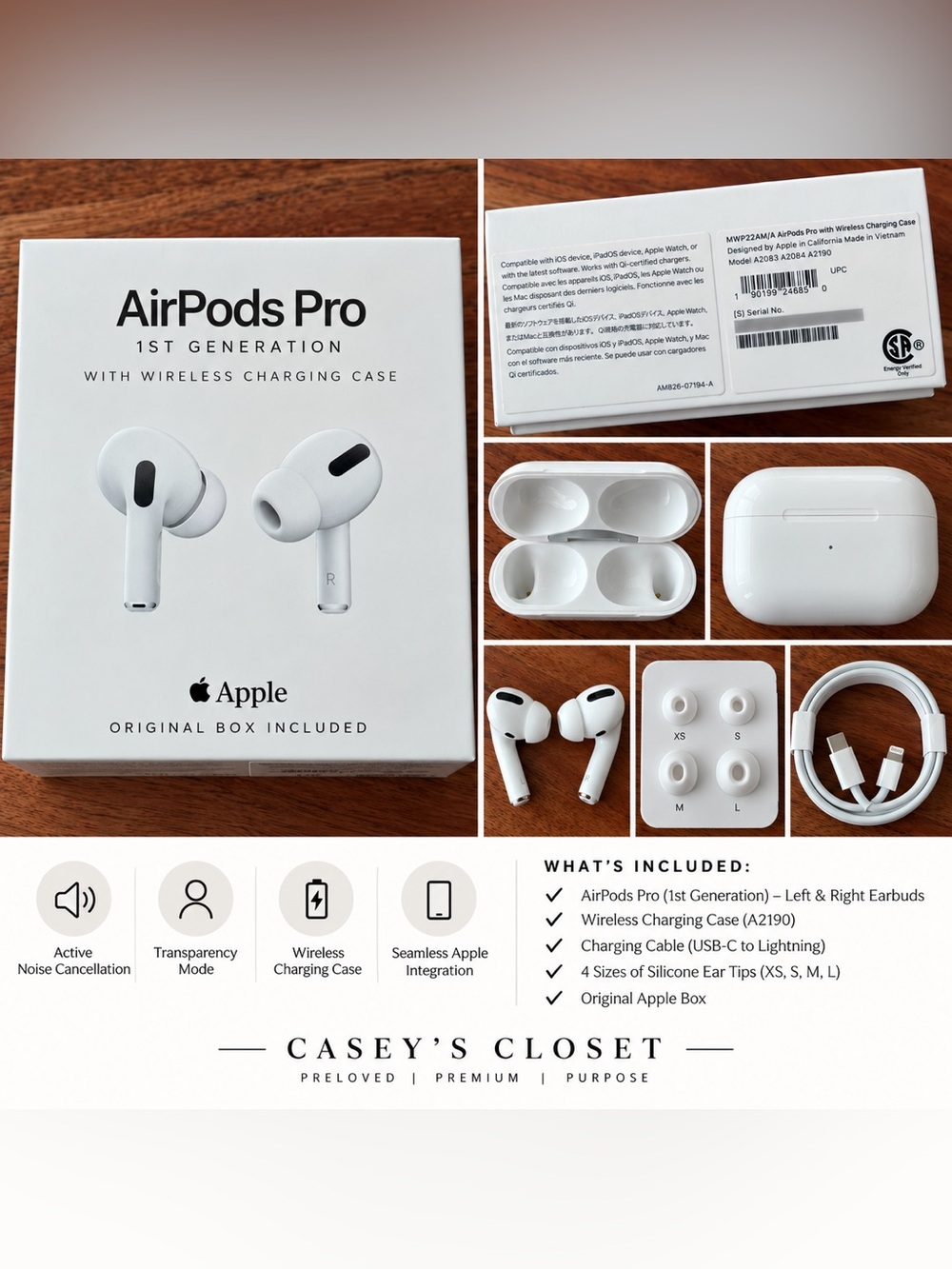 Apple AirPods Pro 1st Gen Wireless Charging Case + Box & Accessories